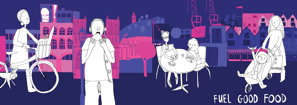Bristol Energy Fuel Good Food Illustration of people eating Fuel Good Food in Bristol